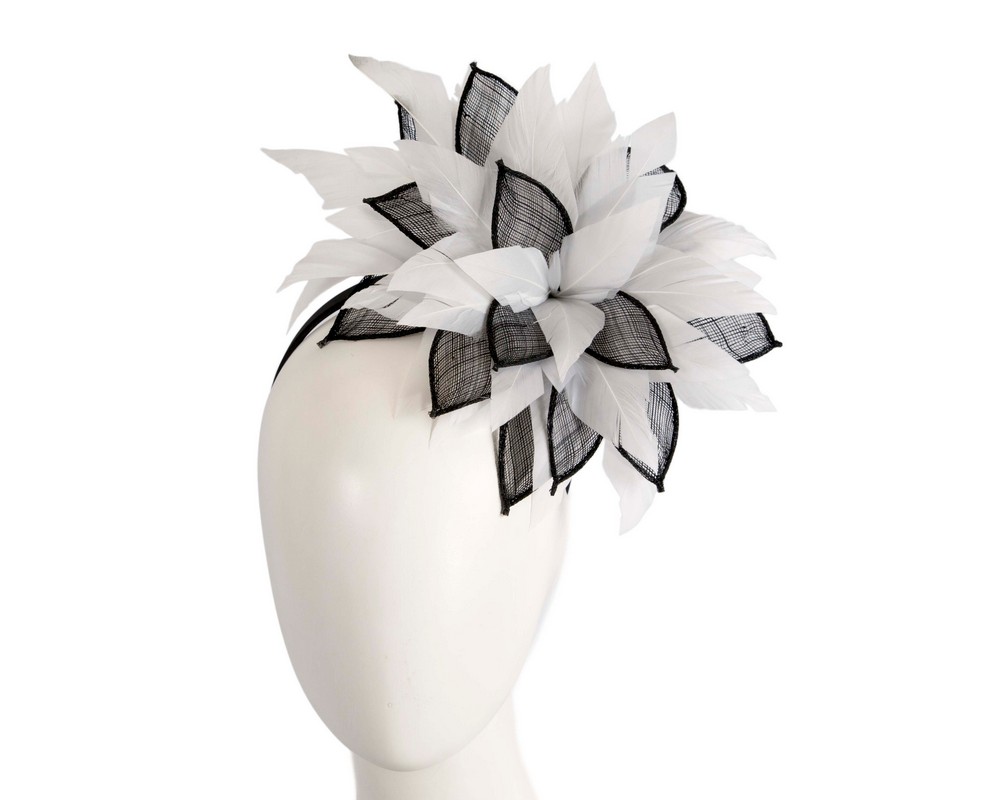 Black & White feathers flower fascinator by Max Alexander - Hats From OZ | MA937BW Black & White feathers flower fascinator by Max Alexander - Hats From OZ