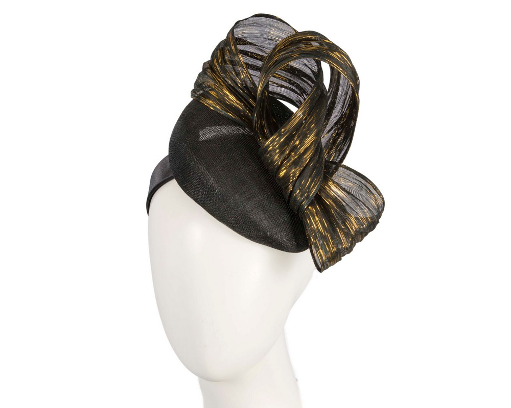 Black pillbox fascinator with gold silk abaca bow by Fillies Collection - Hats From OZ | S307BG Black pillbox fascinator with gold silk abaca bow by Fillies Collection - Hats From OZ