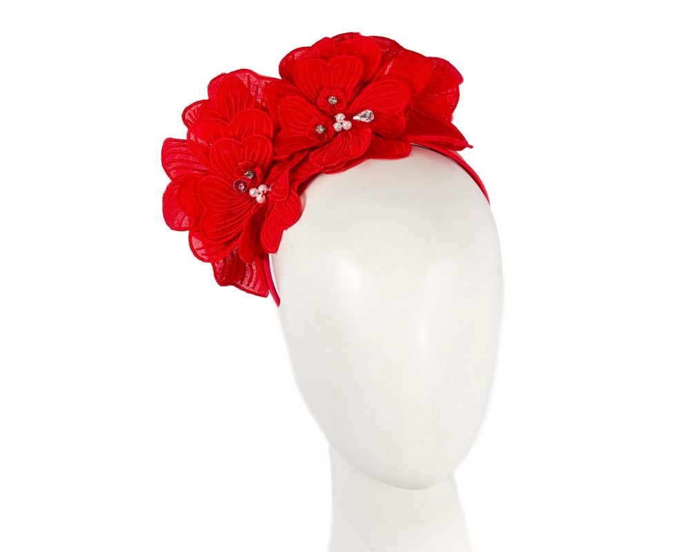 Red lace flower fasinator - Hats From OZ | MA932R Red lace flower fasinator - Hats From OZ